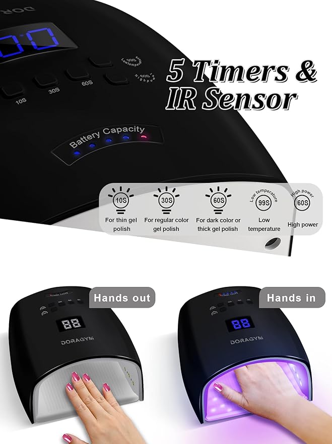 DORAGYM UV LED Nail Lamp, Cordless Gel Polish Dryer for Professional Gel Manicures - Black