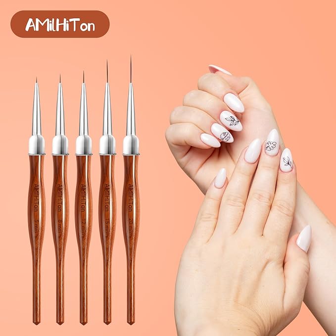AMilHiTon 5PCS Nail Art Liner Brushes, 5-20mm, Wood Color