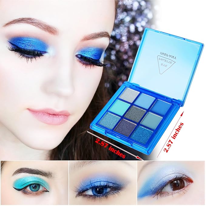 MEICOLY Blue Eyeshadow Palette,9 Colors Matte Glitter Eye shadow Palette,Metallic Silver Bright Waterproof Pressed Avatar Sally Makeup,Shimmer Pigmented Corpse Bride Eye Shadow for Halloween