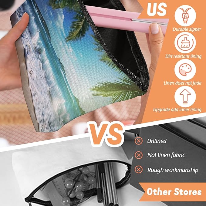 Scribesense Makeup Bag Travel Cosmetic Bags Small Makeup Case Waterproof Zipper Pouch for Women Girls 7X9inches - Tropical Beach Scenery with Palm Trees
