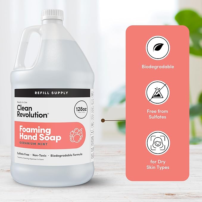 Clean Revolution Foaming Hand Soap Refill with Real Essential Oils, Moisturizing Sulfate-Free Hand Soap, Ready-to-Use Foam Soap Refill for Kitchen & Bathroom (Geranium Mint) 128 Fl Oz
