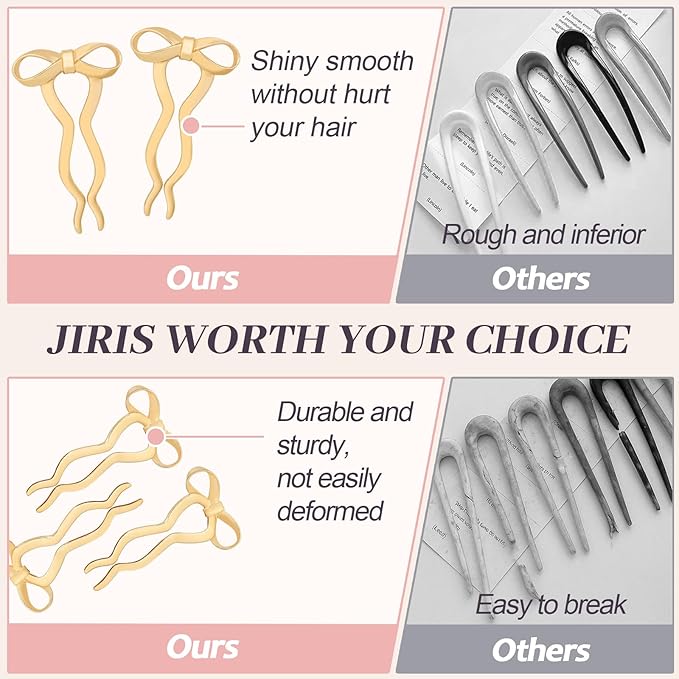 JIRIS 2PCS 5.5Inch Bow French Hair Pins Large U-Shaped Pins for Women and Girls Fashion Metal Hair Pin French Twist Hair Pins for Buns, Updos,Stylish and Functional(set5-gold)