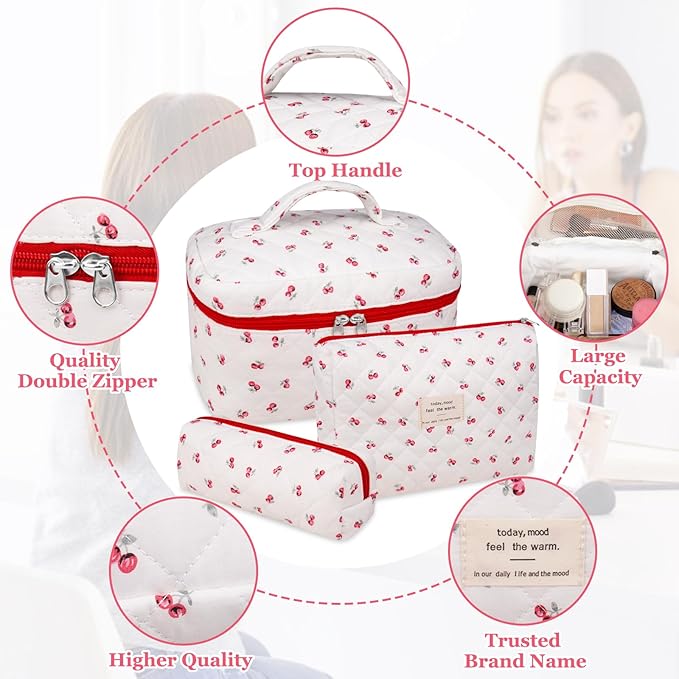 Gosect 3pc Makeup Bag Set, Quilted Makeup Bag Set, Large Floral Cosmetic Bag for Women, Cute Cotton Makeup Bags, Flower Travel Toiletry Organizer Bag (Pink Cherry Flowers)