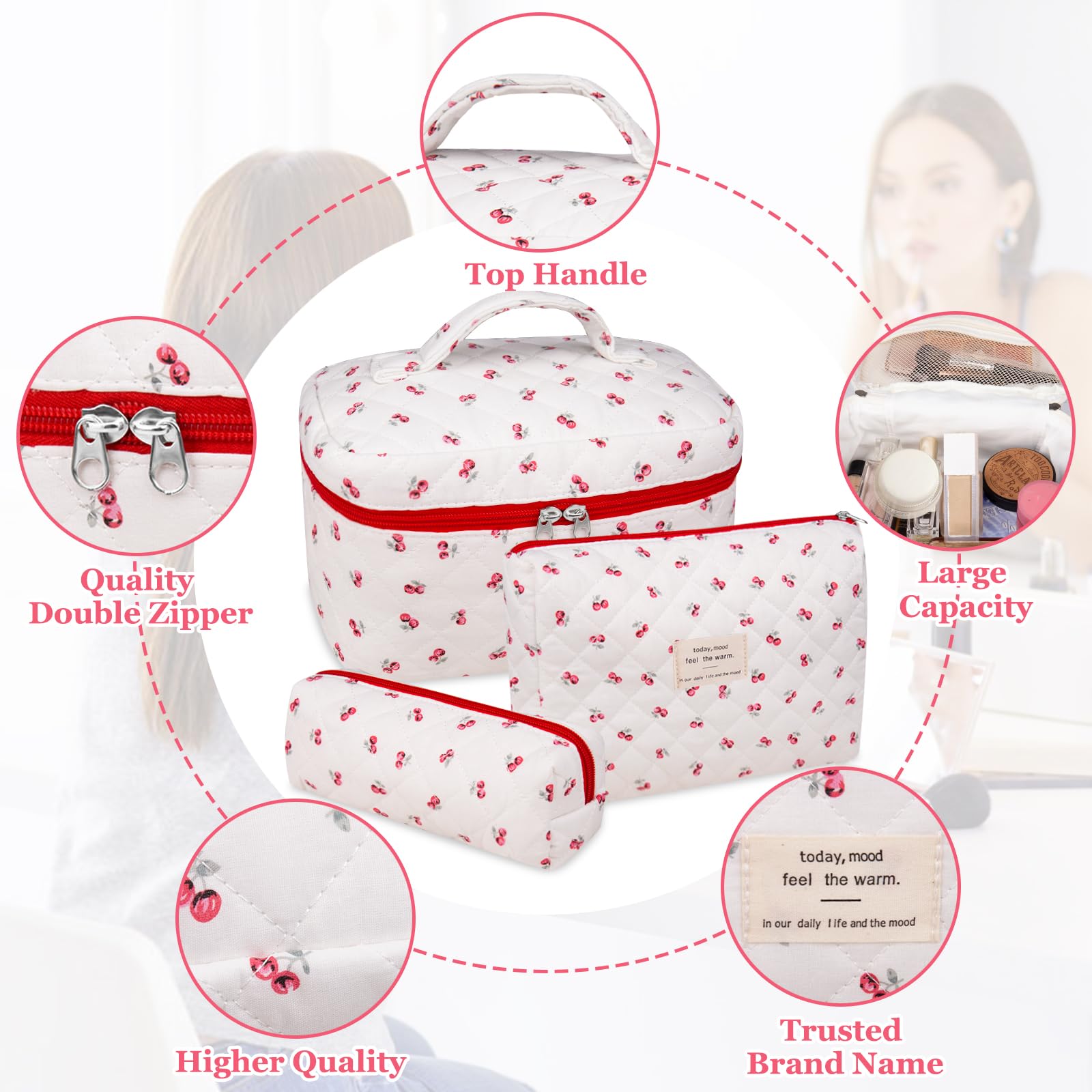 Gosect 3pc Makeup Bag Set, Quilted Makeup Bag Set, Large Floral Cosmetic Bag for Women, Cute Cotton Makeup Bags, Flower Travel Toiletry Organizer Bag (Pink Cherry Flowers)