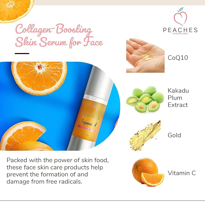 Peaches Skin Care Vitamin C Serum with Kakadu Plum and CoQ10, 1 fl oz