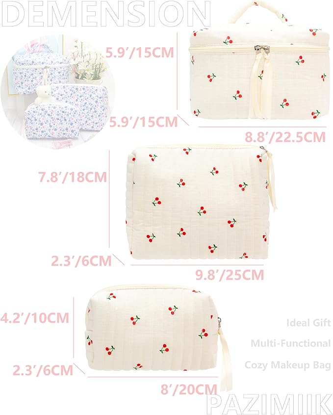 3 Piece Quilted Makeup Bag Set for Women,Cosmetic&Toiletry Bag,Cherry Beige