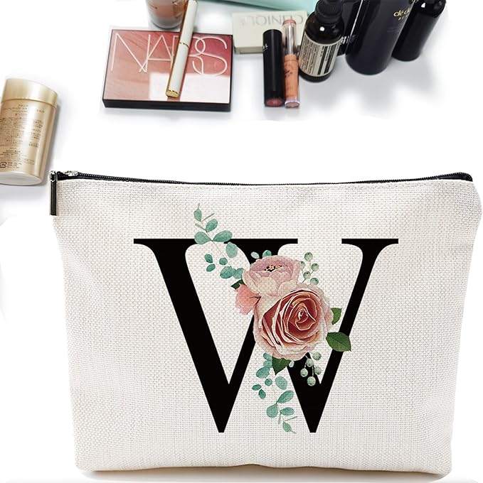 Comanro Initial A-Z Personalized Makeup Bag, Monogrammed Bridesmaid Gifts/Presents Cosmetic Bag, Portable Stationary Storage Organizer Pouch, Friendship Love Travel Makeup Bags