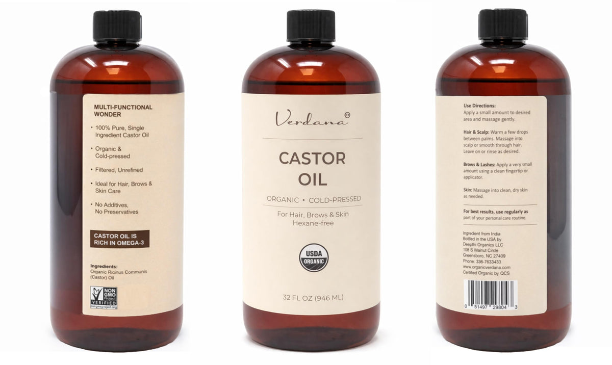 Verdana Organic Castor Oil, Cold Pressed & Hexane Free – For Hair & Scalp Care, Eyelashes, Eyebrows & Skin Care – USDA Certified, Pure & Natural – 32 fl oz