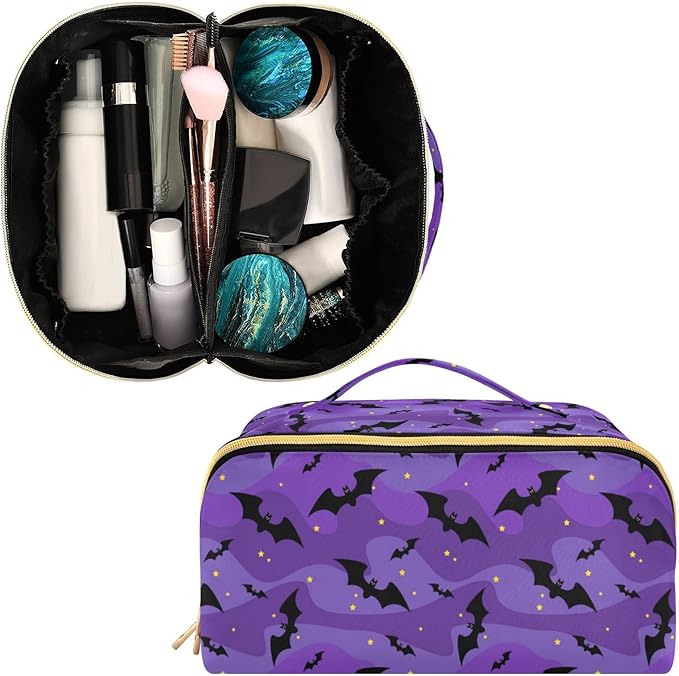 MNSRUU Makeup Organizer Bag, Halloween Black Bats Night Sky with Stars Travel Makeup Bags Makeup Vanity Case Large Capacity Rhombus Cosmetic Toiletry Bag for Girl Women Ladies