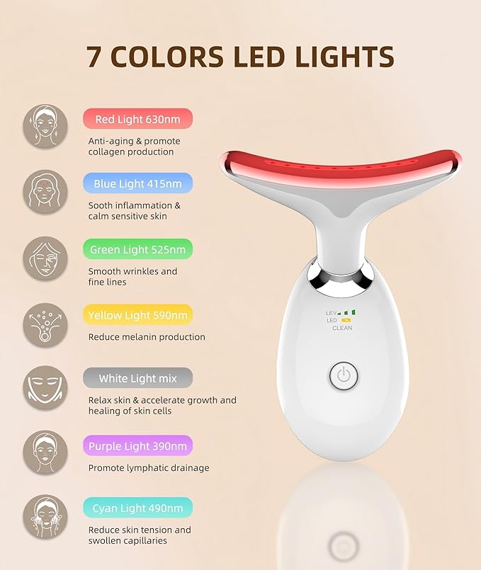 Jobazok 7 Color Face and Neck Massager Light Therapy, Red Light Based Facial Massager for Skin Care, Smoothing, Firming (White)