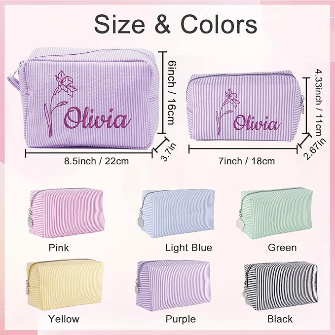 Ajiangwu Personalized Makeup Bag with Embroidered Name&Birth Flower for Bridesmaid Gifts,Custom Small Travel Cosmetic Bag Toiletry Bag Wedding Gifts for Bride