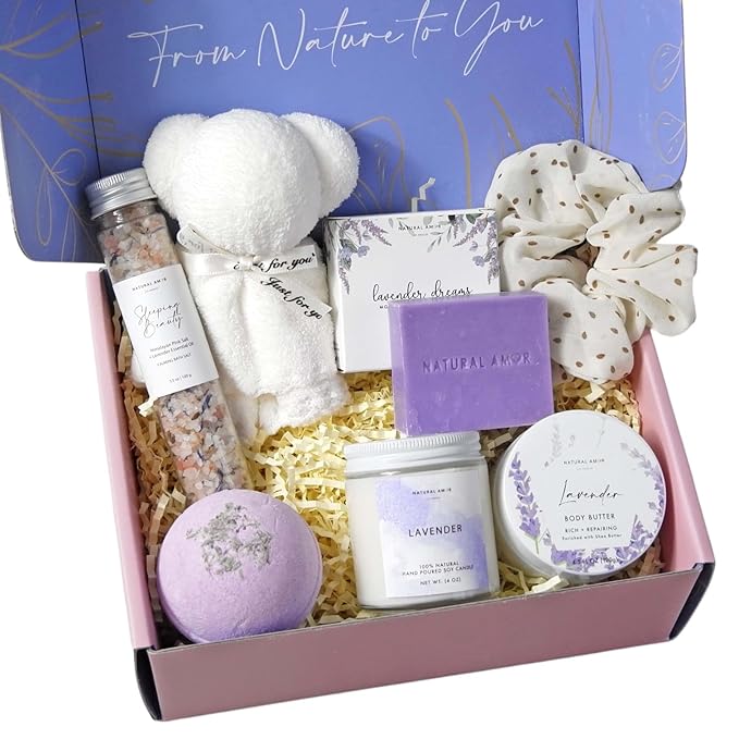 Natural Amor Lavender Spa Gifts for Women,7pcs Self Care Box Including Handmade Soap Bar, Candle, Bath Butter