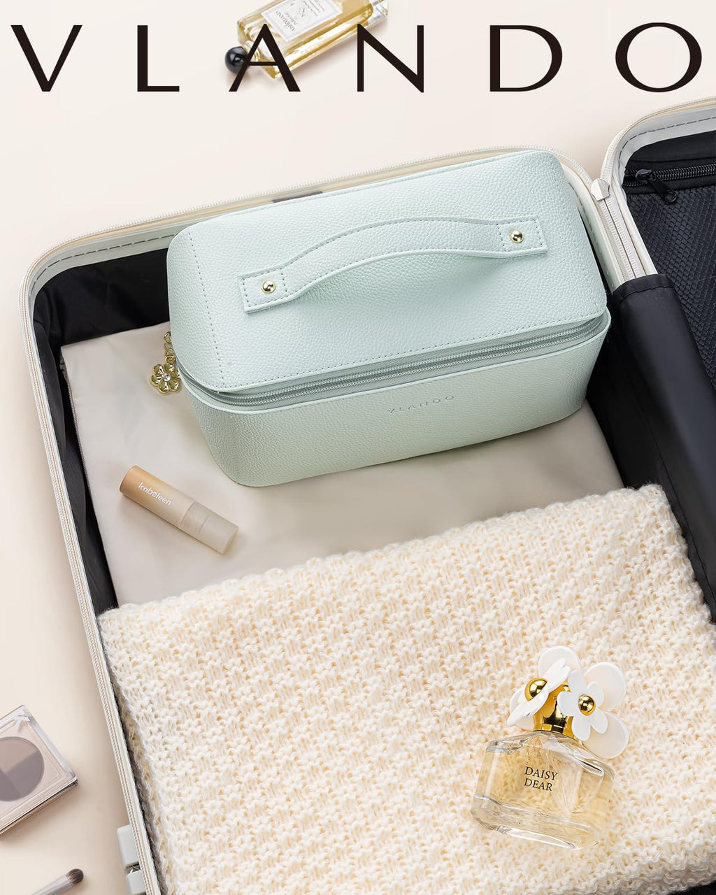 VLANDO Makeup Bag,Travel Toiletry Bag,Cosmetic Bag for Women PU Leather Portable Make up Bag for Skincare, Brushes & Travel Essentials-Mint Green