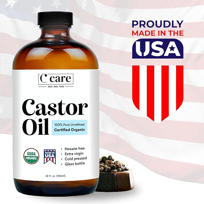 Castor Oil 100% Pure Organic Cold Pressed Unrefined Glass Bottle | USDA Certified Organic | Hexane Free Extra Virgin | for Hair Growth Eyebrows Eyelashes Skin and Castor Oil Pack Wrap