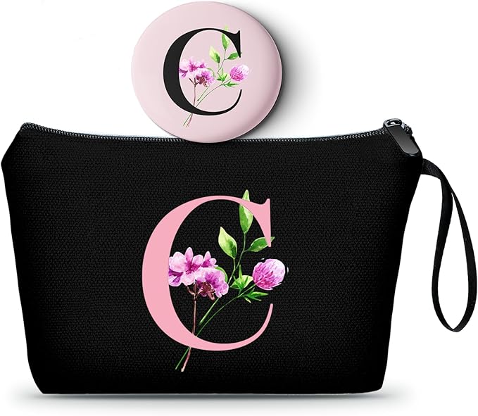 SEAMOON A-Z Personalized Gifts for Women, Initial Makeup Bag with Mirror, C