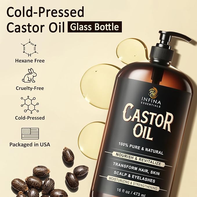 Pure Cold Pressed Castor Oil, Hexane Free Glass Bottle Unrefined, 16 fl oz