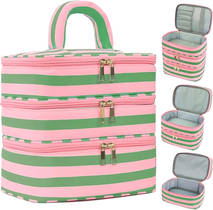 Apxouans Three Layer Makeup Bag for Women Fashion Stripes Cosmetic Bag Preppy Style Travel Water-Resistant Toiletry Bag for Storage Toiletries Cosmetics Sets for Women Teen Girls Green