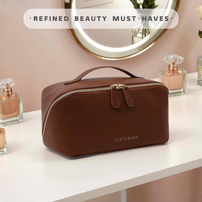 JINYIBAGS Travel Makeup Bag – Large Cosmetic Organizer with Waterproof PU Leather, Smooth Double Zipper & Tear-Resistant Lining, Toiletry Pouch for Women (Brown)
