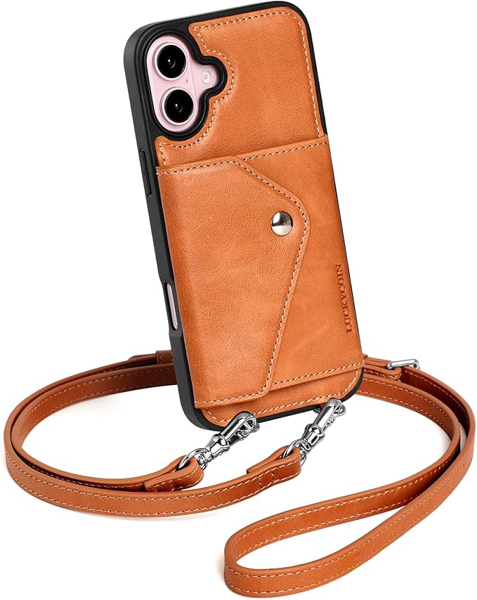 LUCKYCOIN Crossbody Phone Case for iPhone 16 Plus,100% Genuine Leather Phone Wallet Case for Women, Premium Hands-Free Phone Purse with Expandable Flip Card Holder & Adjustable Strap - Retro Brown