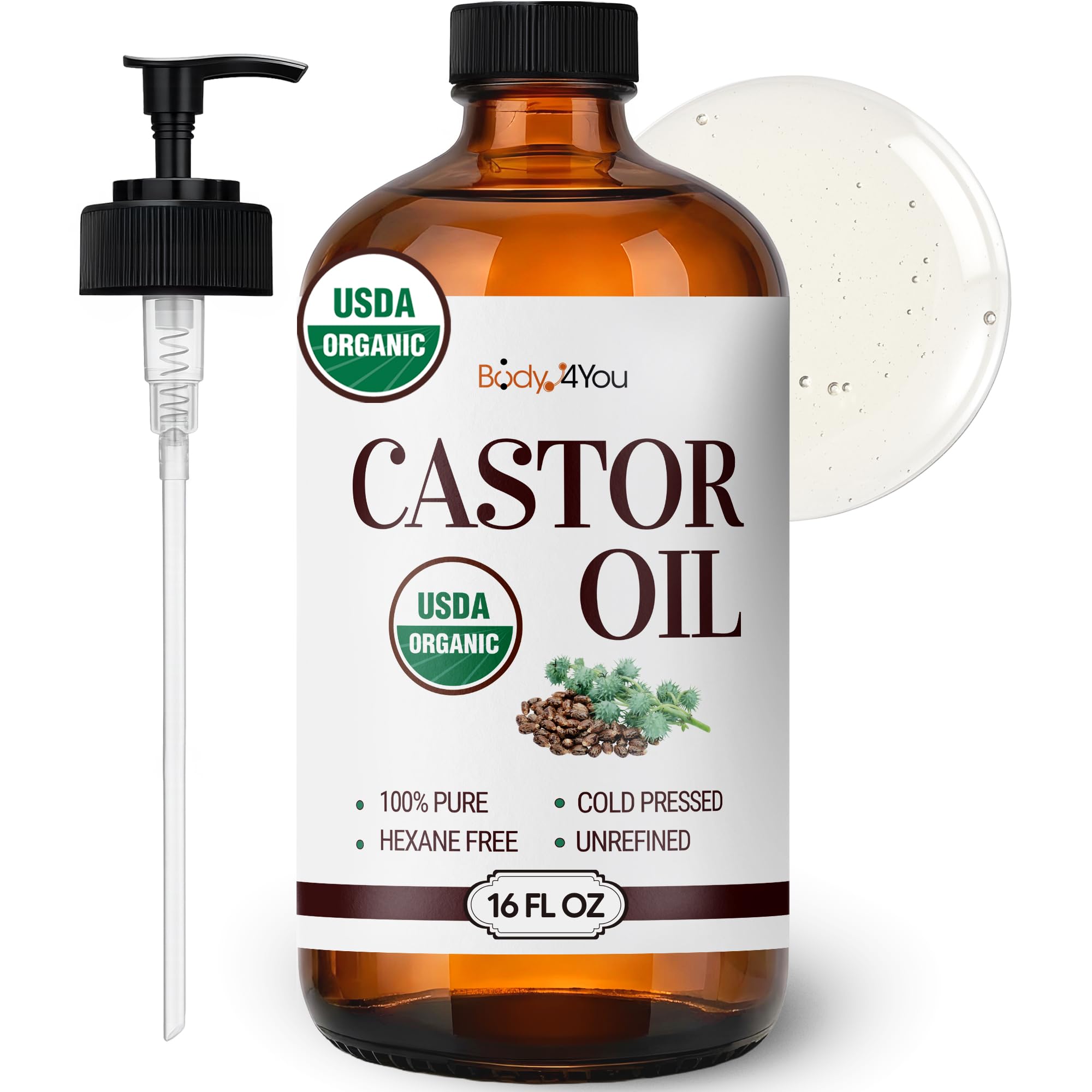 BodyJ4You Castor Oil for Eyelashes Eyebrows - 100% Pure Natural USDA Organic Cold Pressed - Hydrating Skin Hair Growth Oil Lashes Scalp - Non-GMO Hexane Free Unrefined Carrier - Glass Bottle 16 Fl Oz
