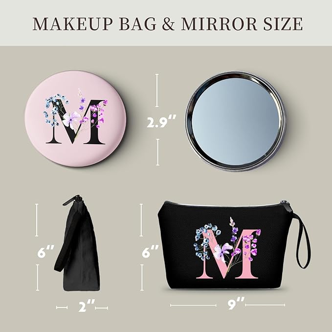 A-Z Personalized Makeup Bag with Mirror, Friendship Gifts for Women, M