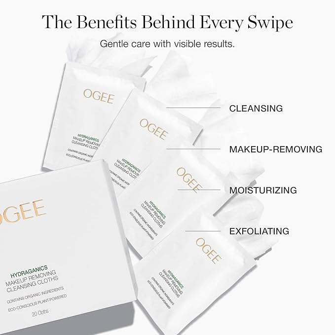 Ogee Gentle Makeup Remover Wipes, Facial Cleansing Cloths (20ct)