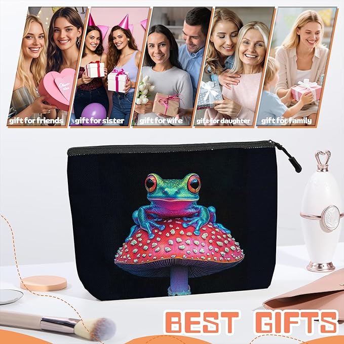 Scribesense Cosmetic Bags Travel Makeup Toilet Case Waterproof Pouch for Women Girls 6.7X9.45inches - Colorful Frog on A Red Mushroom