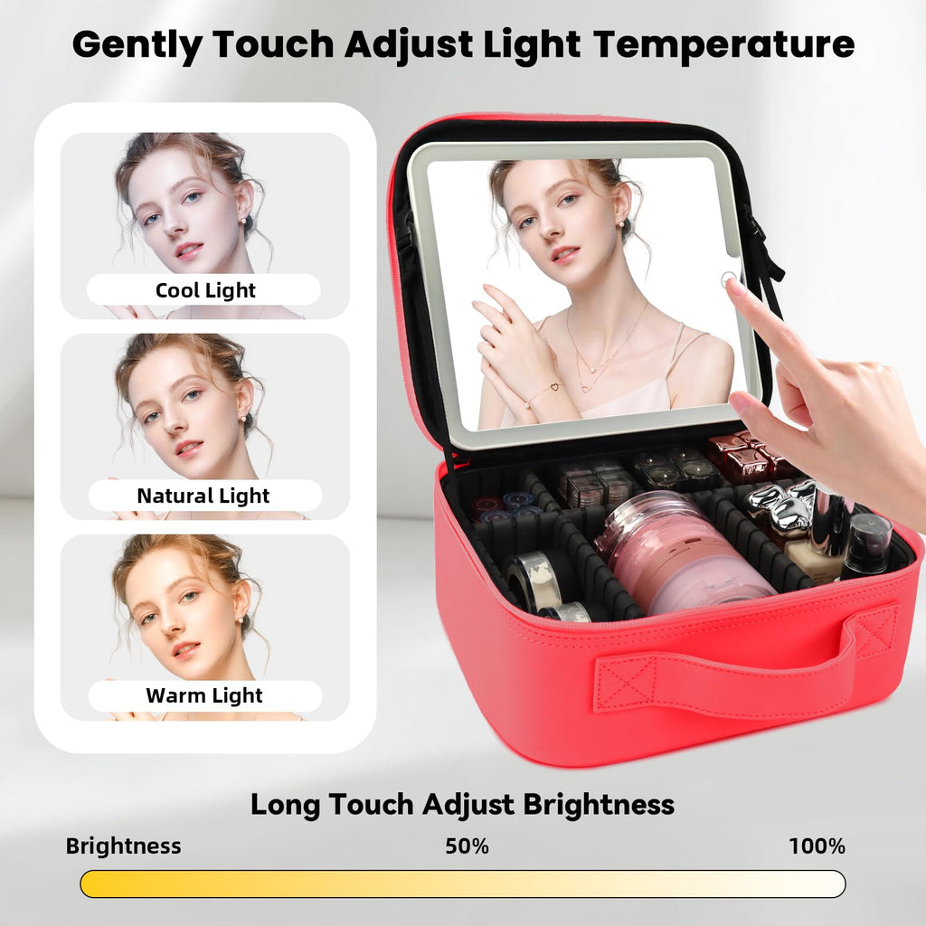 SUILU Travel Makeup Bag with LED Mirror and Light Makeup Travel Bag Organizer Portable Cosmetic Brush Organizer Bag with Adjustable Dividers for Cosmetics Makeup Brushes Toiletry (Light Red)