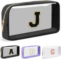 UIXIZQ Personalized Initial Letter Clear Makeup Bag,Preppy Small Nylon&PVC Cosmetic Zipper Bag with Chenille Letter,Travel Skincare Toiletry Bag,Monogram Christmas Gift for Teen Girls Women,J