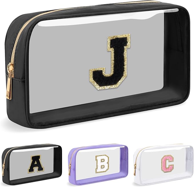 UIXIZQ Personalized Initial Letter Clear Makeup Bag,Preppy Small Nylon&PVC Cosmetic Zipper Bag with Chenille Letter,Travel Skincare Toiletry Bag,Monogram Christmas Gift for Teen Girls Women,J