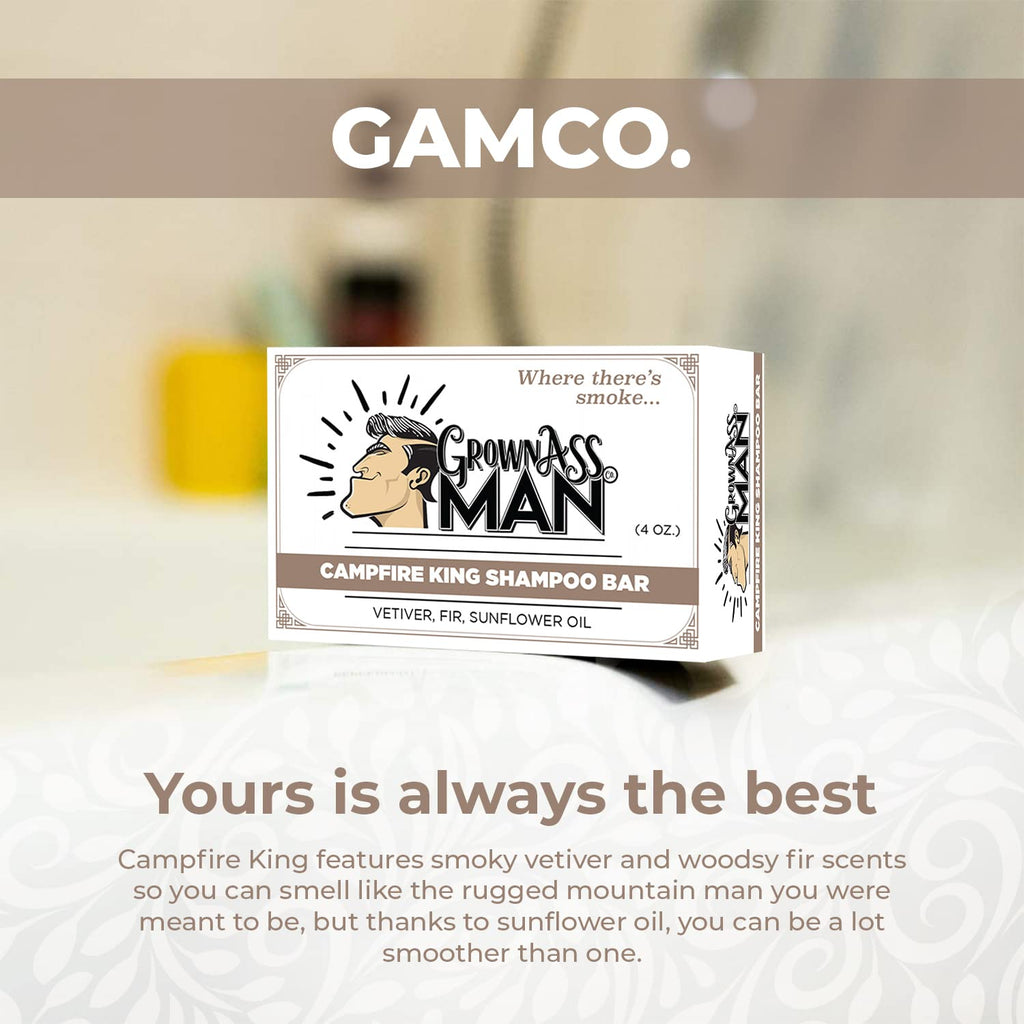 Grown Ass Man Co. - Solid Shampoo Bar Rich Lather 3 in 1: Hair, Beard & Body Wash - Plastic Free & Eco-Friendly, Natural & Organic Clean for All Hair Types, 4oz Bar (Campfire King, 6-Pack)