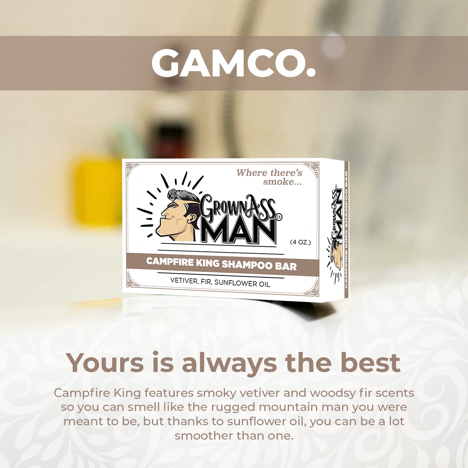 Grown Ass Man Co. - Solid Shampoo Bar Rich Lather 3 in 1: Hair, Beard & Body Wash - Plastic Free & Eco-Friendly, Natural & Organic Clean for All Hair Types, 4oz Bar (Campfire King, 6-Pack)