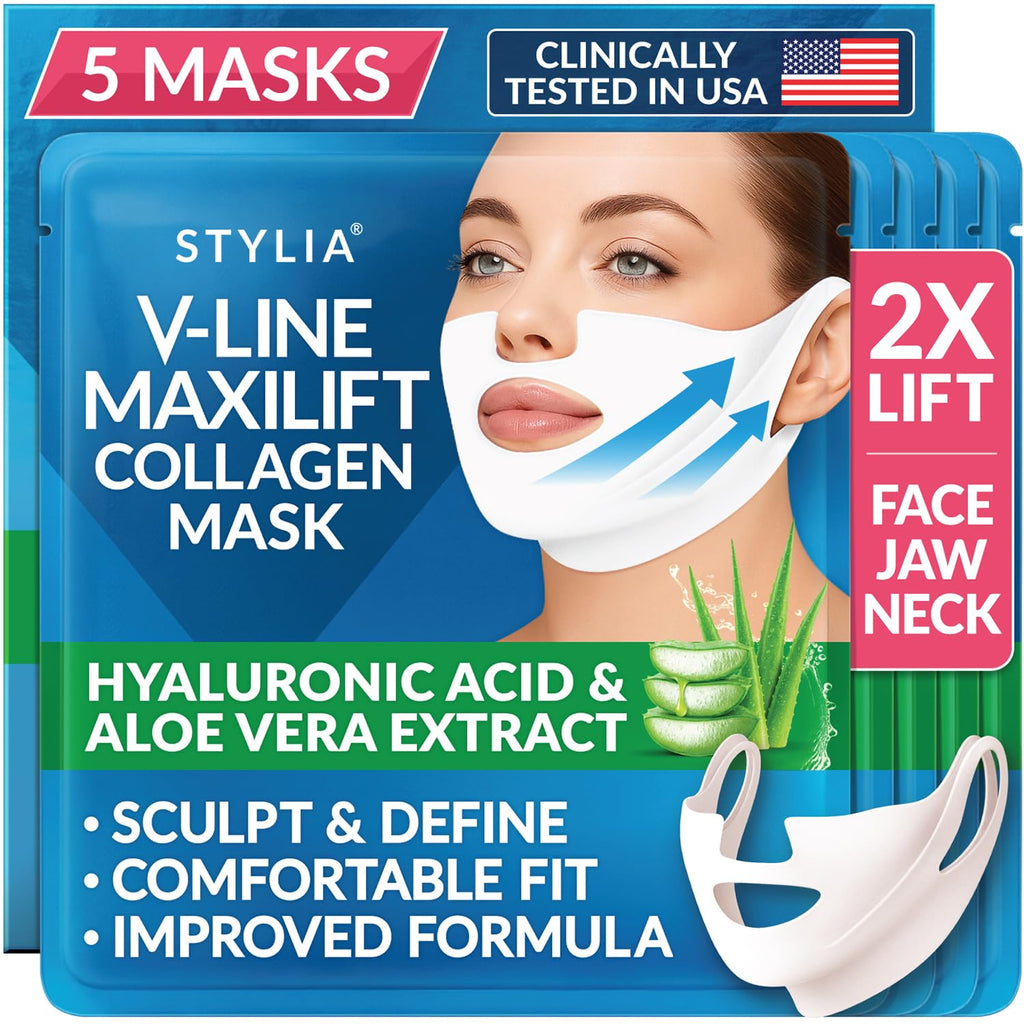 Stylia MaxiLift V-Line Lifting Collagen Face Mask - Double Chin Strap - Jawline Shaper - Neck Firming and Tightening Mask with Hyaluronic Acid & Aloe Vera - Chin Strap for Sleeping (5PC)