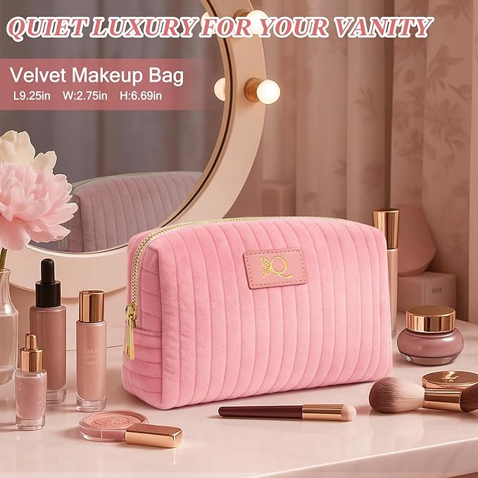 Monogrammed Make Up Bags for Women,Personalized Cosmetic Bags Women,Small Quilted Makeup Pouch,Cute Makeup Bag Travel,Birthday Gifts for Teen Girl (Pink Q)