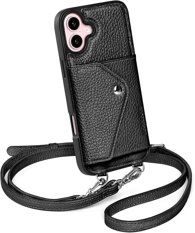LUCKYCOIN Crossbody Phone Case for iPhone 16 Plus,100% Genuine Leather Phone Wallet Case for Women, Premium Hands-Free Phone Purse with Expandable Flip Card Holder & Adjustable Strap - Pebble Black