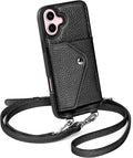 LUCKYCOIN Crossbody Phone Case for iPhone 16 Plus,100% Genuine Leather Phone Wallet Case for Women, Premium Hands-Free Phone Purse with Expandable Flip Card Holder & Adjustable Strap - Pebble Black