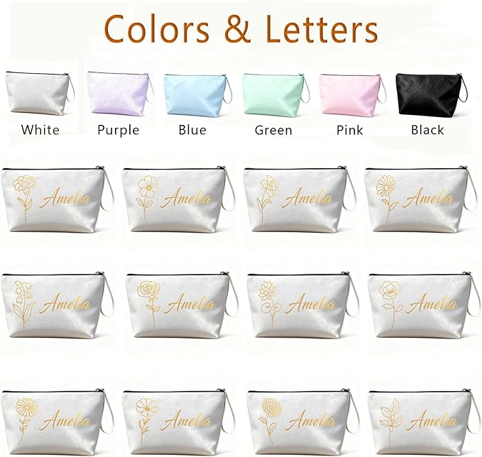 Bliver Personalized Makeup Bag Initial&Birth Flower Custom Small Travel Cosmetic Bag with Name Cute Makeup Bag for Women Girls