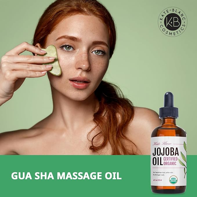 Kate Blanc Cosmetics Organic Jojoba Oil for Hair, Skin, Face, Nails (4oz) - USDA Certified, 100% Pure Cold Pressed Unrefined - Moisturizing Carrier Oil for Gua Sha, Dermaplaning, Body - Glass Bottle