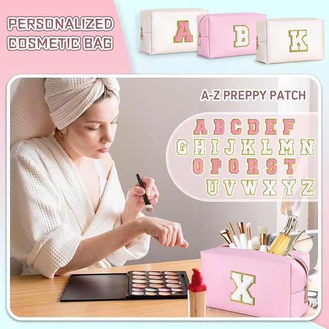 TOPEAST Birthday Gifts for Tween Girls Kids, Initial Makeup Bag Skincare Bag Toiletry Pouch (Pink B)