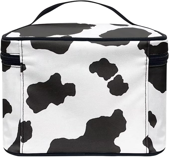 Drydeepin White Black Cow Cowhide Cute Print Portable Makeup Bags for Women Large Capacity Cosmetic Organizer and Storage Pouch with Zipper and Handle Travel Toiletry Accessories