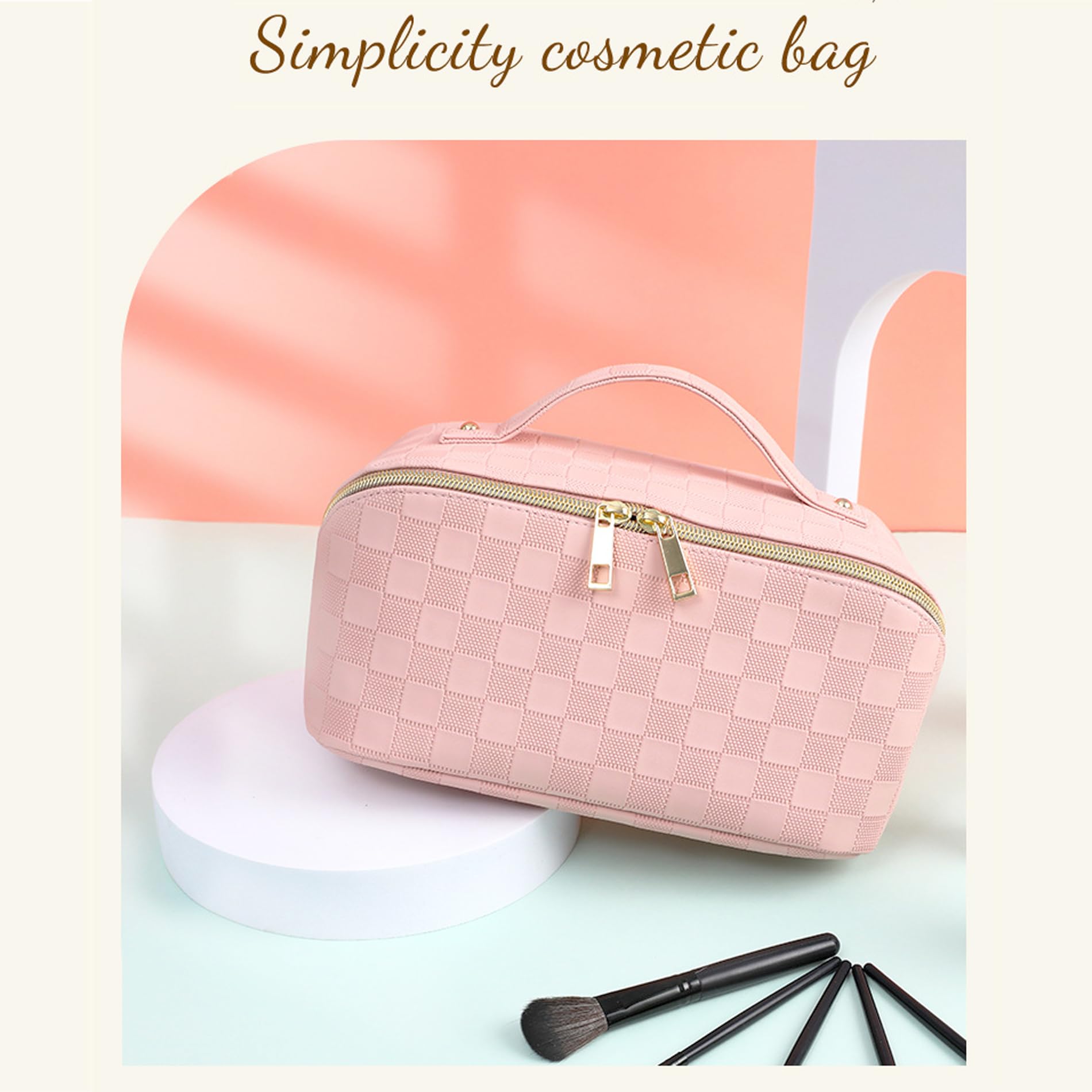 Cosmetic Bag,Travel Makeup Bag, Large Capacity Cosmetic Bags for Women, Waterproof Portable Open Flat Toiletry Bags,Makeup Organizer Bag with Divider and Handle, Pink Cosmetic Pouch Gifts for Women