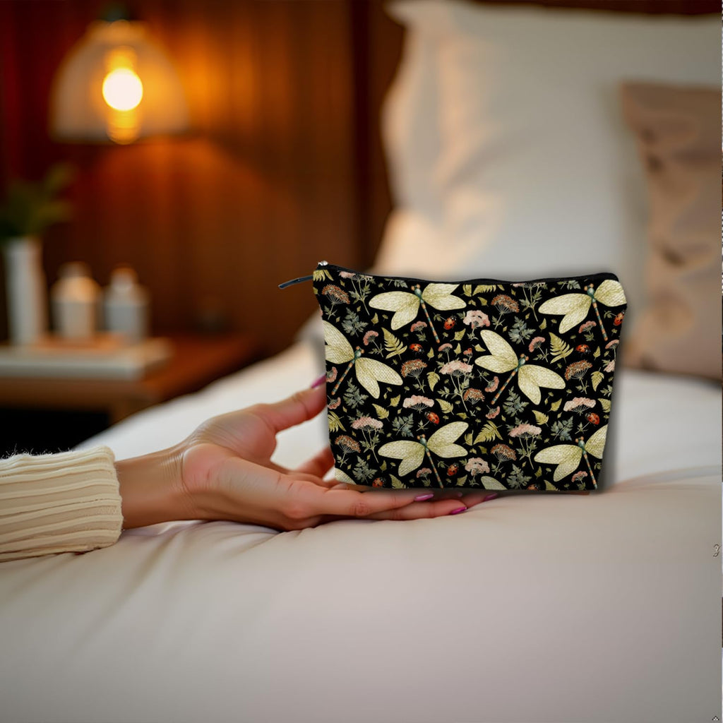 SAFDSGFDB Vintage Floral Dragonfly Makeup Bag, Dragonfly Gifts Cosmetic Bags for Women, Dark Cottagecore Floral Botanical Insects Portable Travel Toiletry Bag Zipper Makeup Pouch
