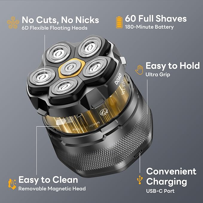 DOAO Head Shavers for Bald Men, 6D Magnetic Floating Blades, Smooth Shave in 3 Minutes, USB-C Rechargeable, 180min Runtime, Wet & Dry, Easy Clean, Anti-Slip Design(A6-Plus)