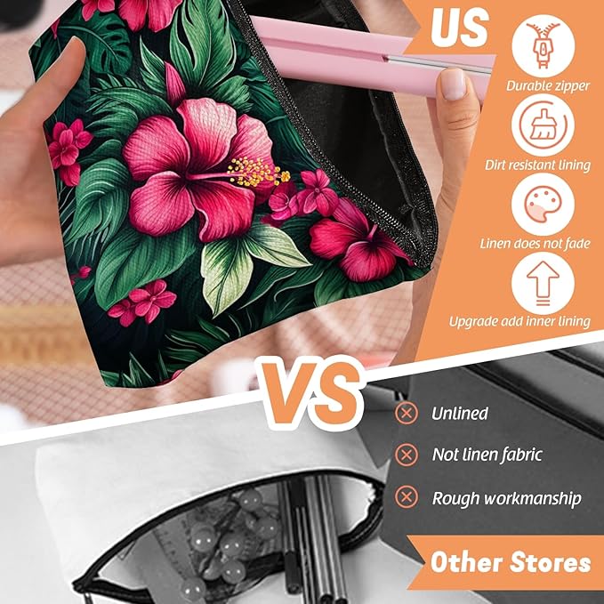 Scribesense Makeup Bag Travel Cosmetic Bags Small Makeup Case Waterproof Zipper Pouch for Women Girls 7X9inches - Bold Hibiscus Flowers with Green Foliage