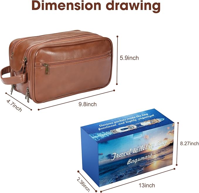 BNSPOCKET Personalized Leather Travel Toiletry Bag for Men, Large Travel Bathroom Shaving Dopp Kit, Large Cosmetic Bag Waterproof
