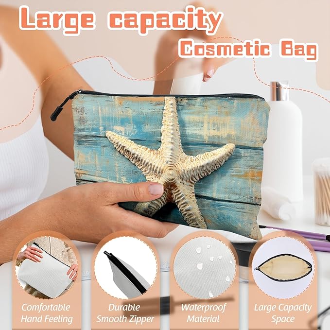 Scribesense Cosmetic Bags Travel Makeup Toilet Case Waterproof Pouch for Women Girls 6.7X9.45inches - Starfish on A Weathered Blue Wooden Board