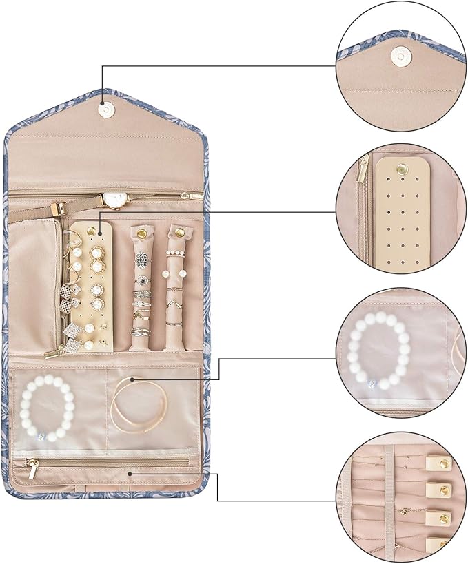 BAGSMART Travel Jewelry Organizer Roll Foldable Jewelry Case, White Leaf