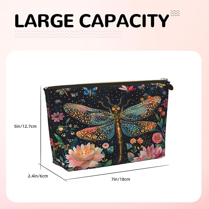 Dultua Mothers Day Gifts Makeup Bag Purse Cosmetic Bag Travel Toiletry Leather Make Up Bags for Mom Wife Women Daughter Floral Dragonfly