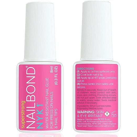 Super Strong Nail Glue for Press On Nails, Nail Tips & Acrylic Nails (8ml) NYK1 NailBond Brush On Glue for Press Ons, Tips & Acrylics - Long Lasting, Maximum Strength, Mess-Free Application