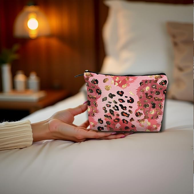 SAFDSGFDB Gold and Pink Leopard Print Makeup Bag, Preppy Girly Cosmetic Bags Gifts for Women, Funky Y2k Cheetah Print Portable Travel Toiletry Bag Zipper Makeup Pouch